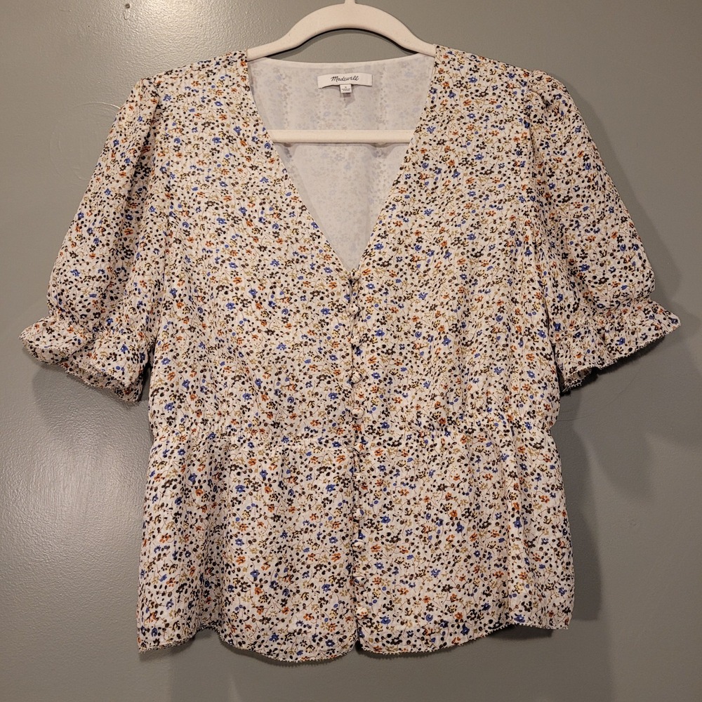 Madewell Silk Floral Print Button Front Peplum Blouse, Women's Size S, Multi